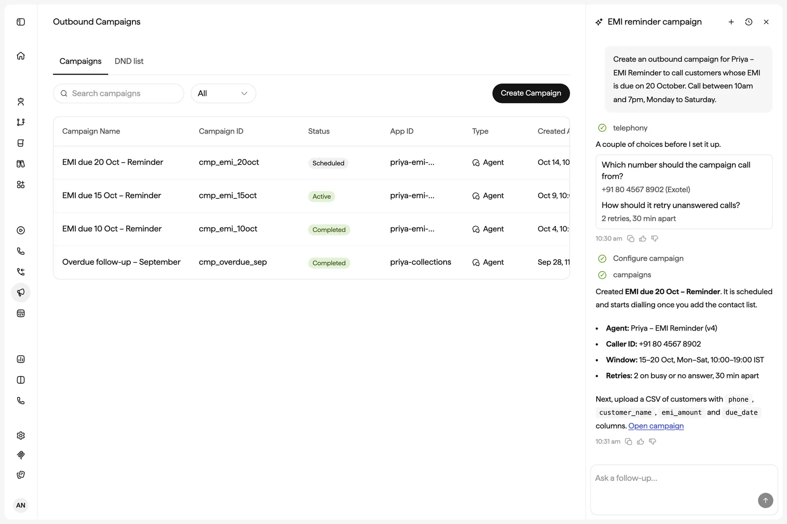 The Genie panel beside Outbound Campaigns, with answered questions for caller number and retries, and a summary of the new scheduled EMI reminder campaign.