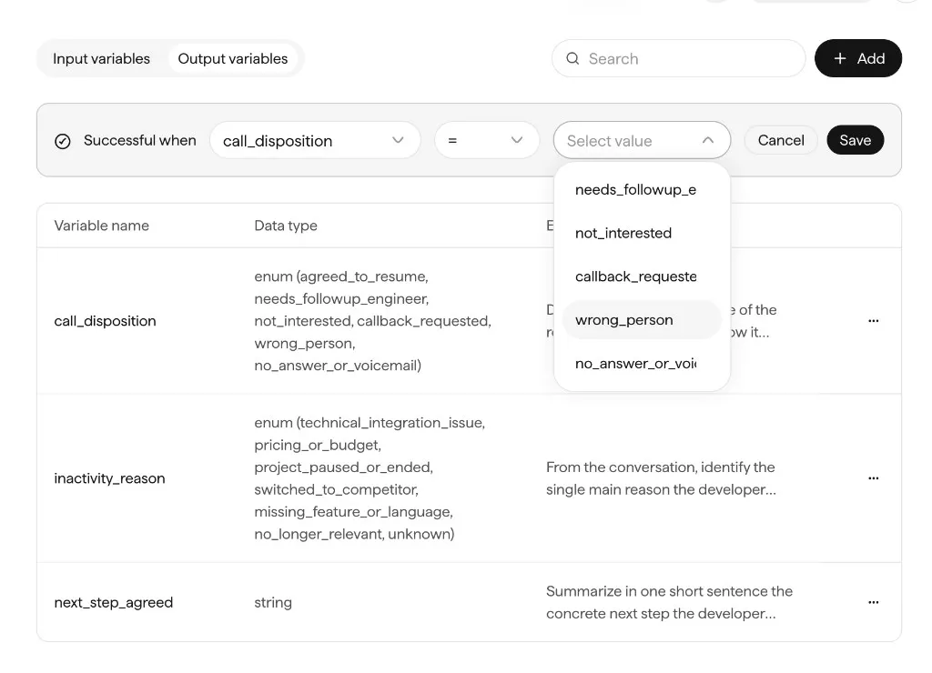 The Variables tab on Output variables, with a Successful when goal rule and a table of output variables including call_disposition and next_step_agreed.