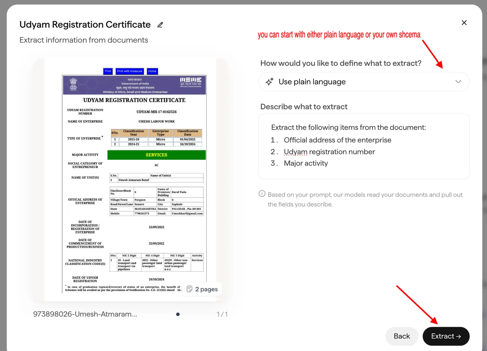 Doc Agents Extract project setup showing a document upload and an extraction prompt describing the fields to extract.