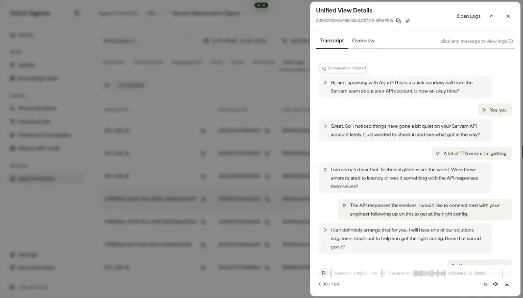 Unified View Details panel open on the Transcript tab, showing the agent and caller conversation with an audio player at the bottom.