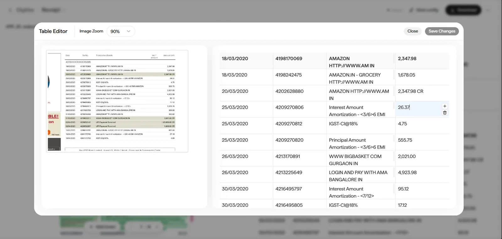Table Editor modal with a small source-table image on the left and an editable grid of bank transaction rows on the right. Toolbar shows Image Zoom 90%, Close, and Save Changes controls.
