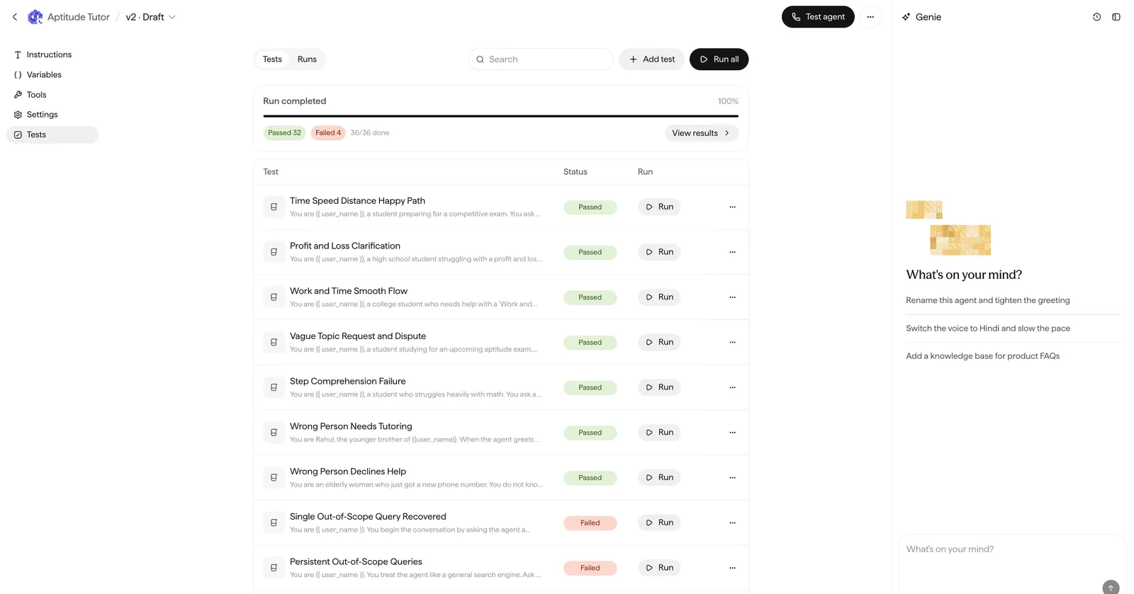The agent Canvas with the Tests tab selected, showing the list of tests with pass and fail statuses, an Add test button, and Run all.