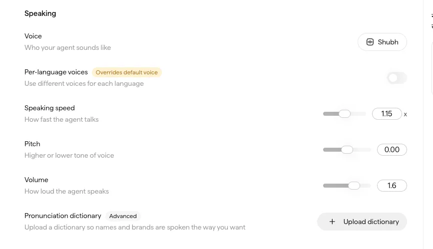 The Volume slider in agent Settings, set to 1.0, with the range running from 0.7 to 2.0.