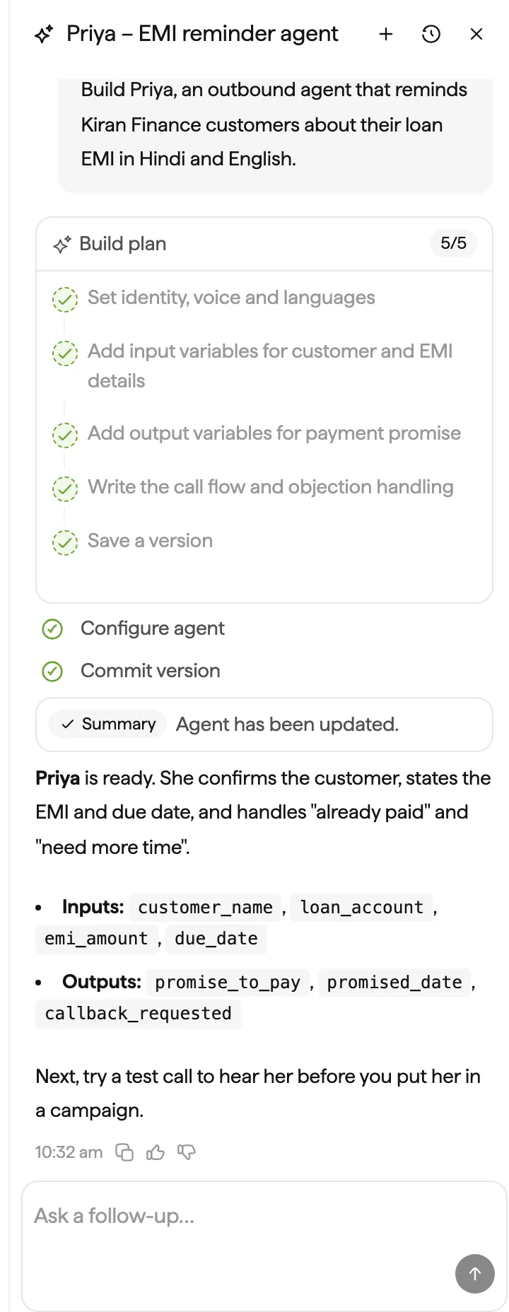 The Genie panel showing a completed five-step build plan for Priya, an EMI reminder agent, followed by its input and output variables.