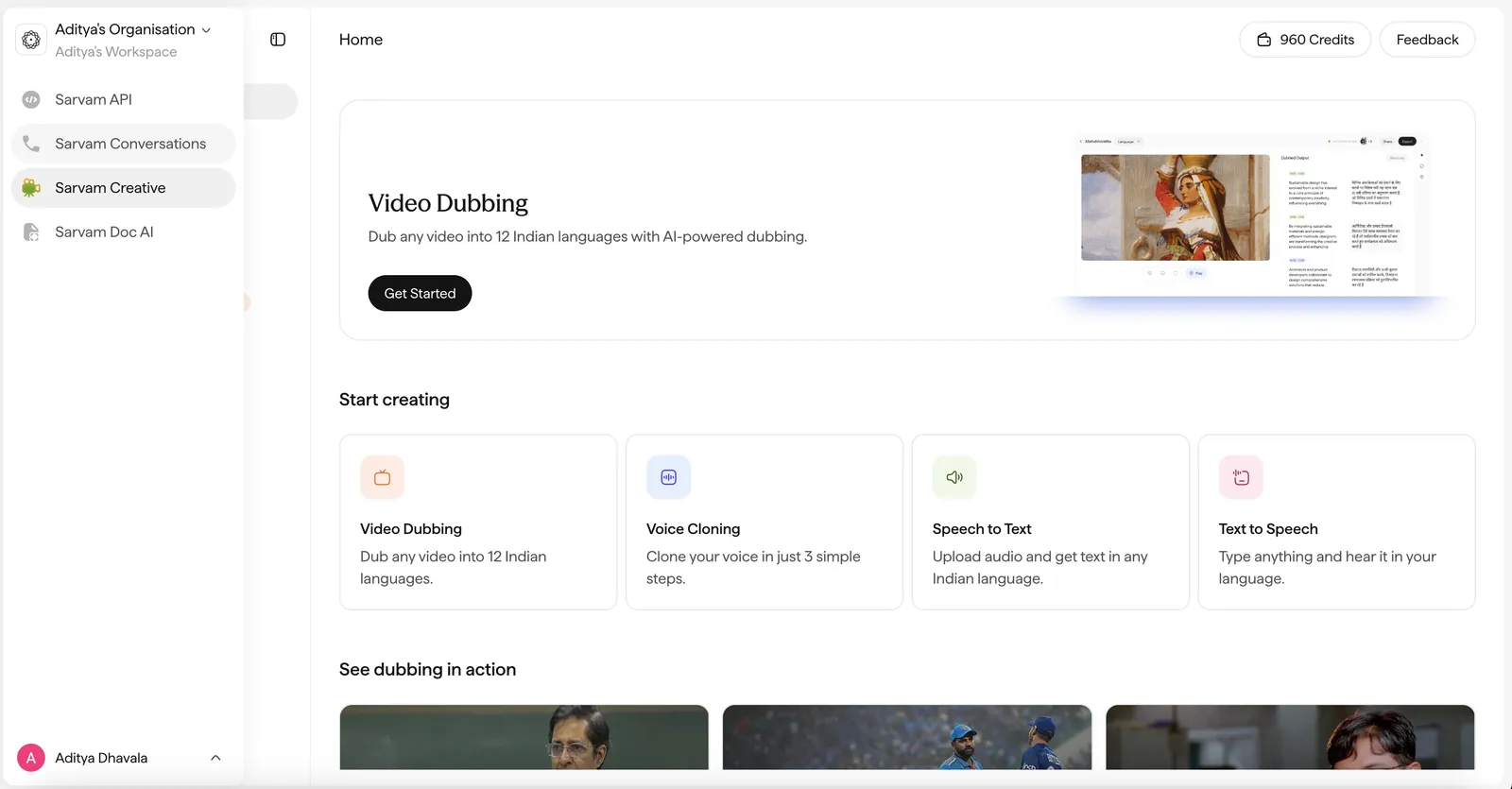 The Sarvam platform home screen. The left navigation lists Model APIs, Voice Agents, Content Studio, and Doc Agents; the main area shows product cards and a credits balance.