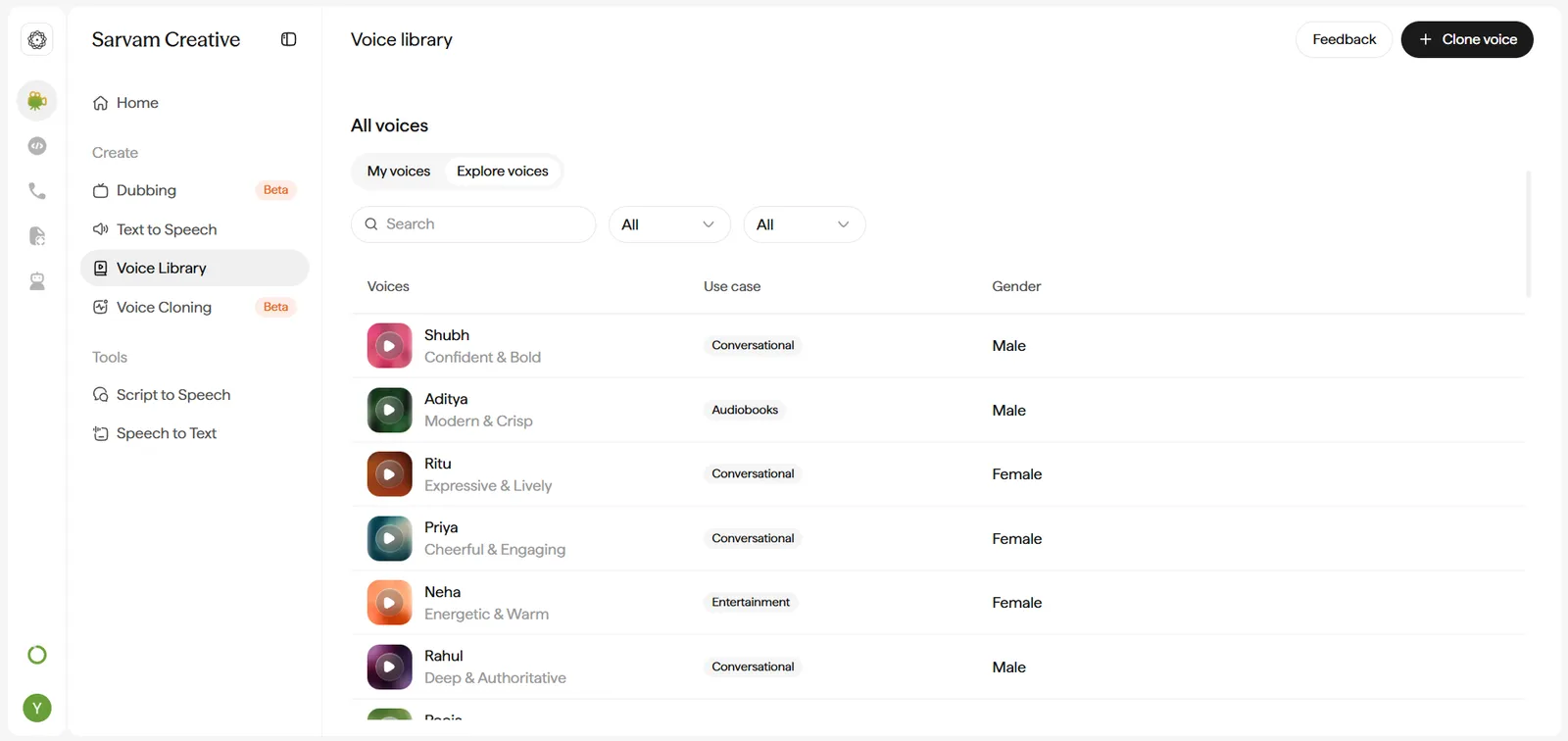 All voices section below Featured voices. Two tabs, My voices and Explore voices. Below the tabs, a search box and two filter dropdowns, both defaulted to All. The first filter lists use-case categories: Conversational, Audiobooks, Entertainment, Sales, News. The second filter lists gender: All, Male, Female. Below the filters, a table with columns Voices, Use case, and Gender. Each row shows a colored square play-button avatar, the voice's name, a short personality tag, a use-case chip, and a gender label. Hovering a row reveals a heart favorite icon and a Use voice button.