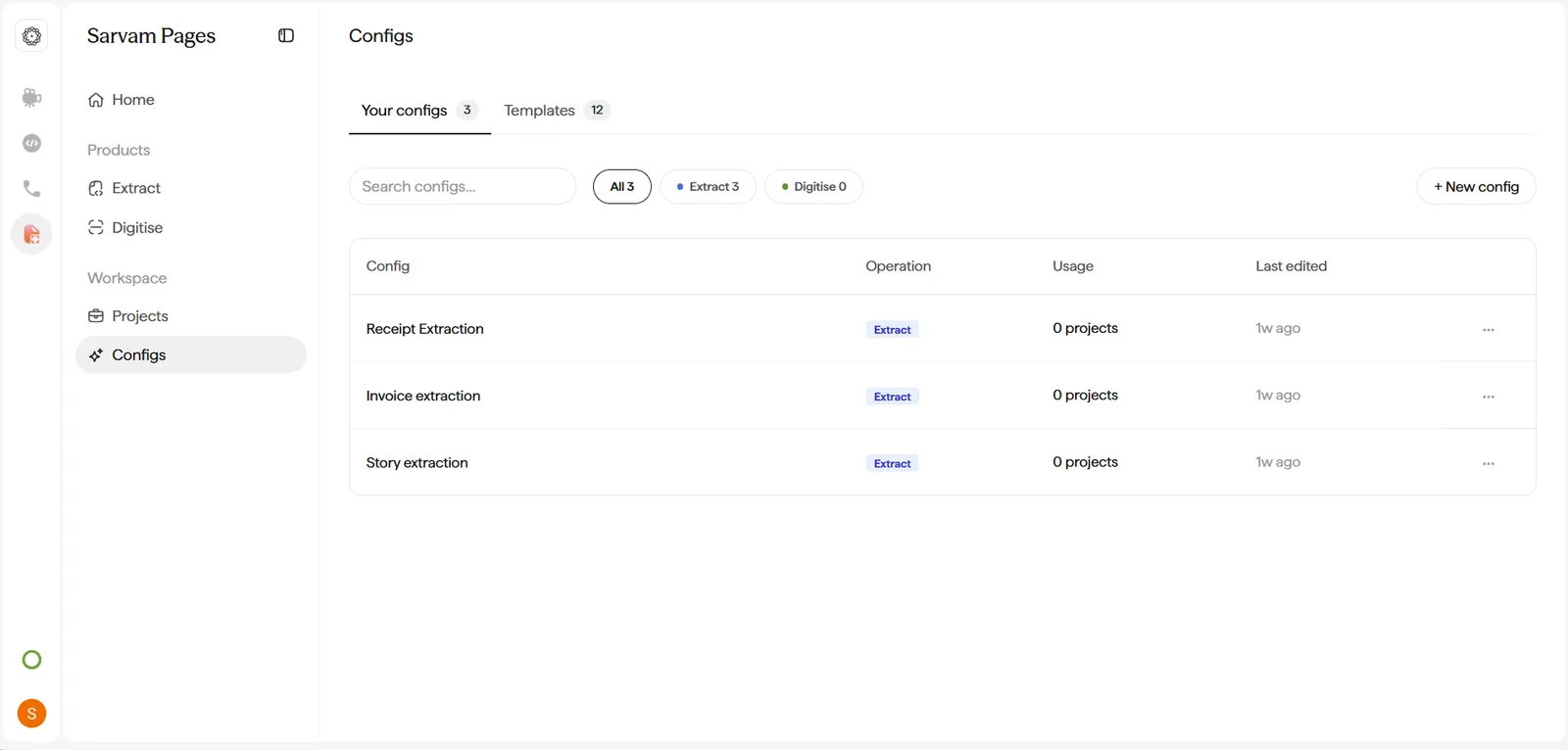 Configs page with Your configs and Templates tabs, All / Extract / Digitise filter pills, and a Usage column.