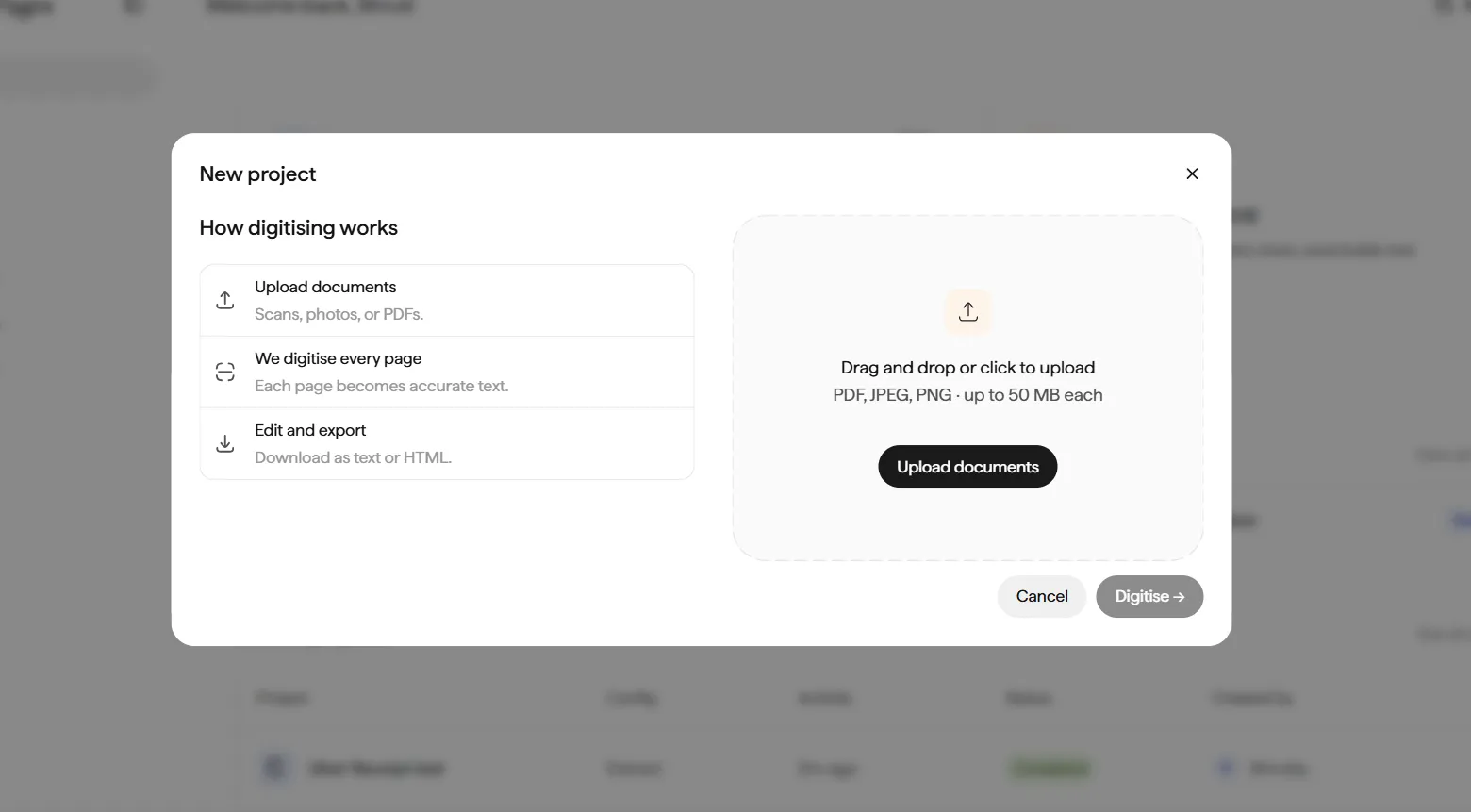New Project dialog on Doc Agents showing the three-step Digitise flow