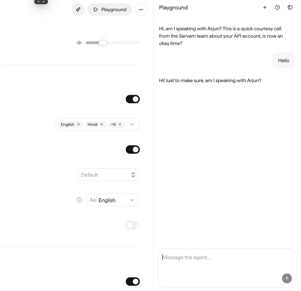 The test agent panel with a conversation transcript showing the agent's initial greeting and a follow-up, next to language and settings controls.