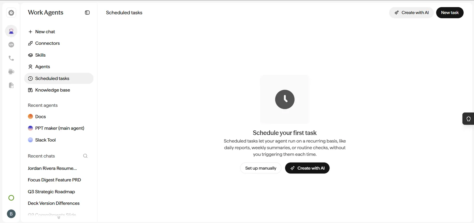 Cowork Scheduled tasks empty state reading 'Schedule your first task', with 'Set up manually', 'Create with AI', and 'New task' options.