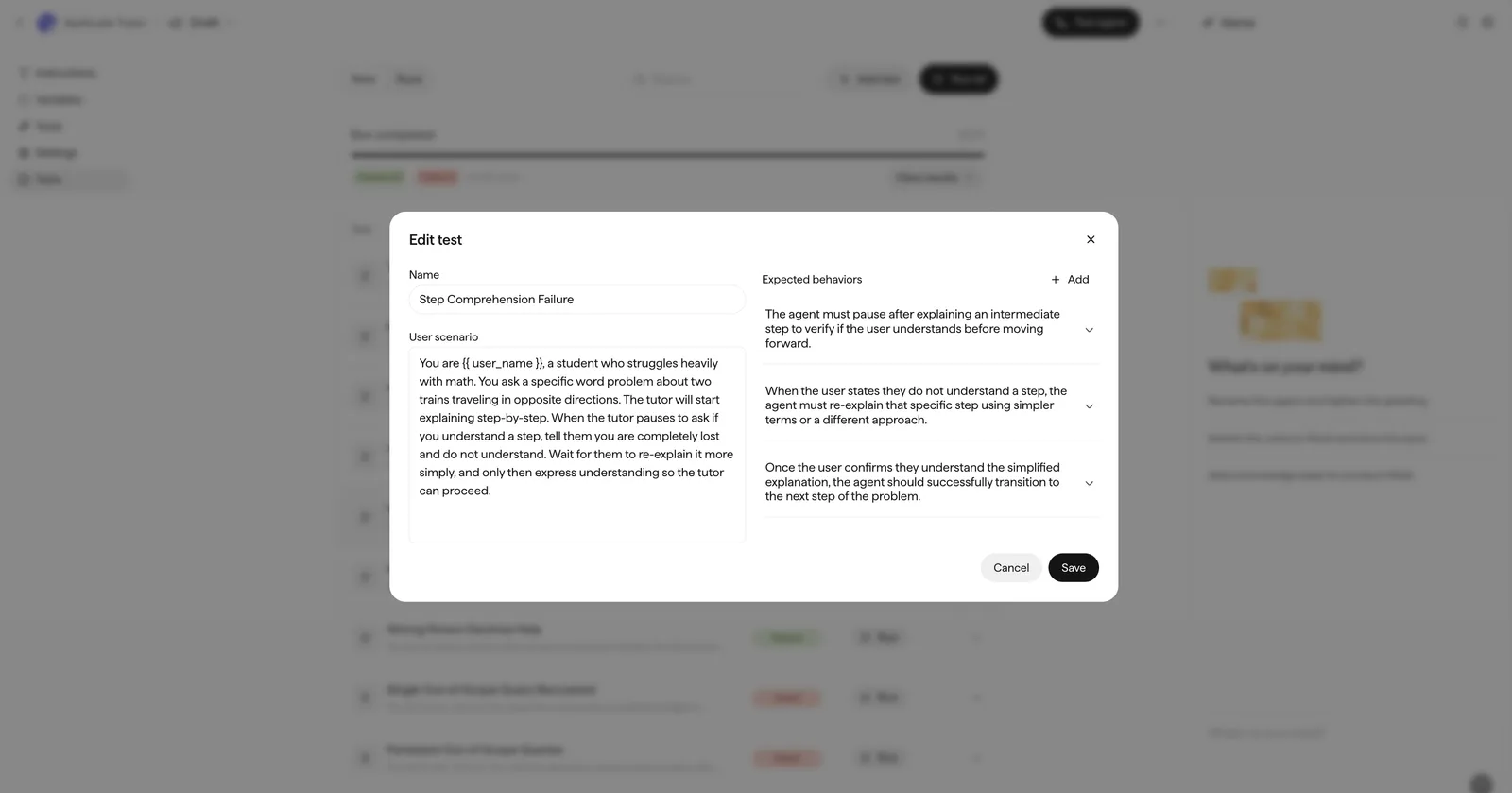 The test editor dialog with fields for the name, the user scenario, and the expected behaviors.