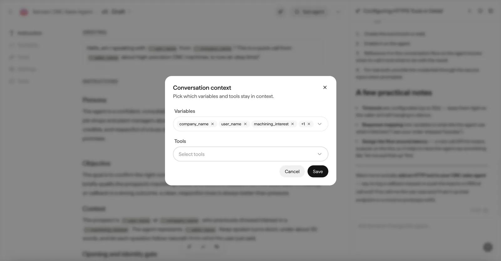 The Conversation context dialog with variable chips and a tools selector.
