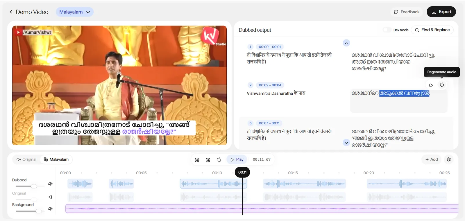 Dubbed output pane with a portion of a block's translated text highlighted in blue, showing it selected for editing. A Regenerate audio tooltip is visible above the block's icon buttons, next to a Play audio icon.