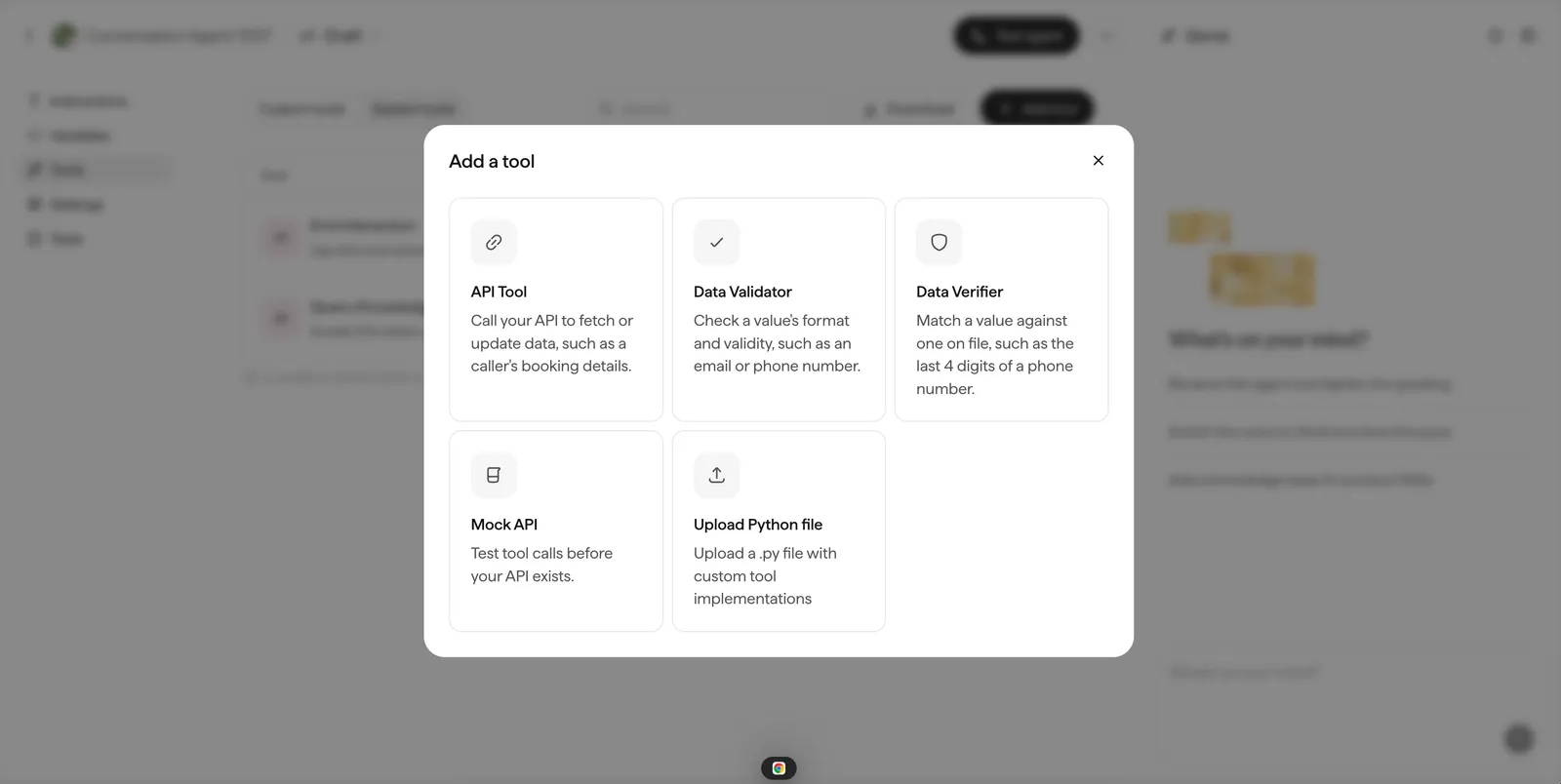 The Add a tool dialog with API Tool, Data Validator, Data Verifier, Mock API, and Upload Python file options.
