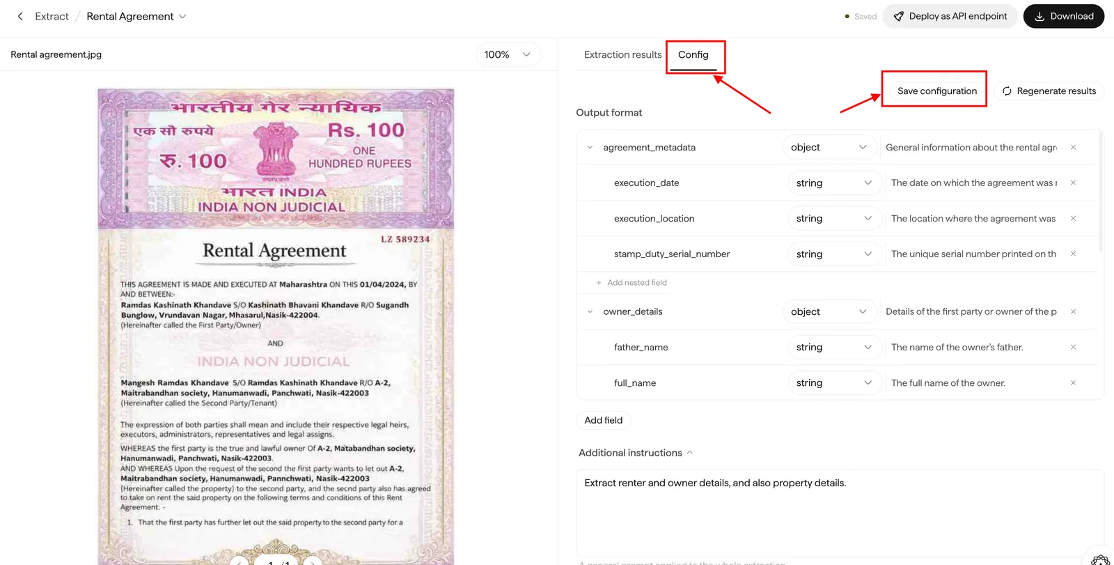 Doc Agents project view with the Config tab open, showing the schema editor where fields can be added, removed, and their types and descriptions adjusted.
