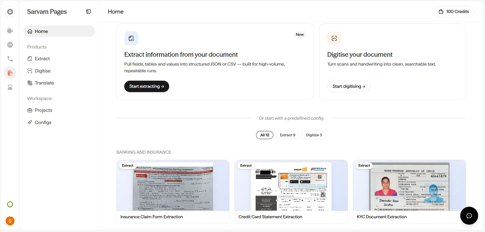 Doc Agents Home dashboard with quick-start cards for Extract, Digitise, and Translate, a credit balance, and a template shelf.