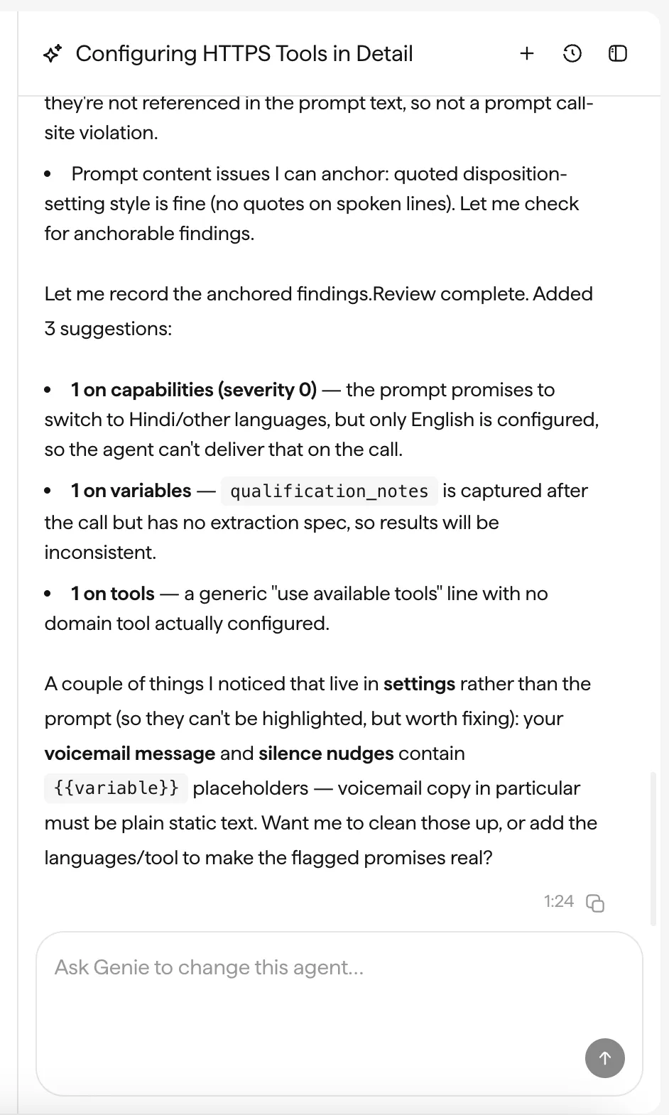 The Genie chat panel open beside the Canvas, reviewing the agent and listing suggestions.