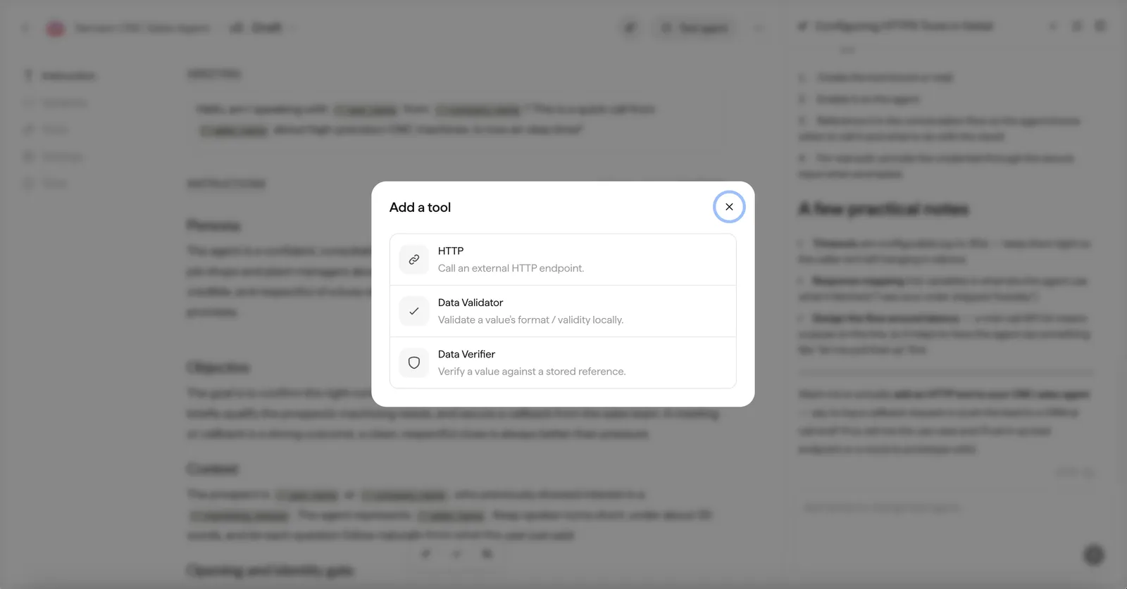 The Add a tool dialog offering HTTP, Data Validator, and Data Verifier.