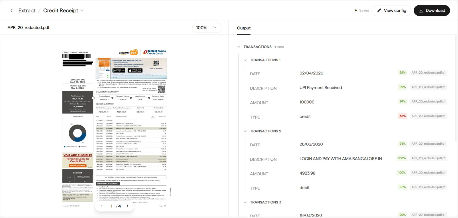 Extract results view for a credit card statement showing the source PDF on the left and a Transactions Output panel on the right with expanded transaction items (date, description, amount, type) and per-field confidence scores.