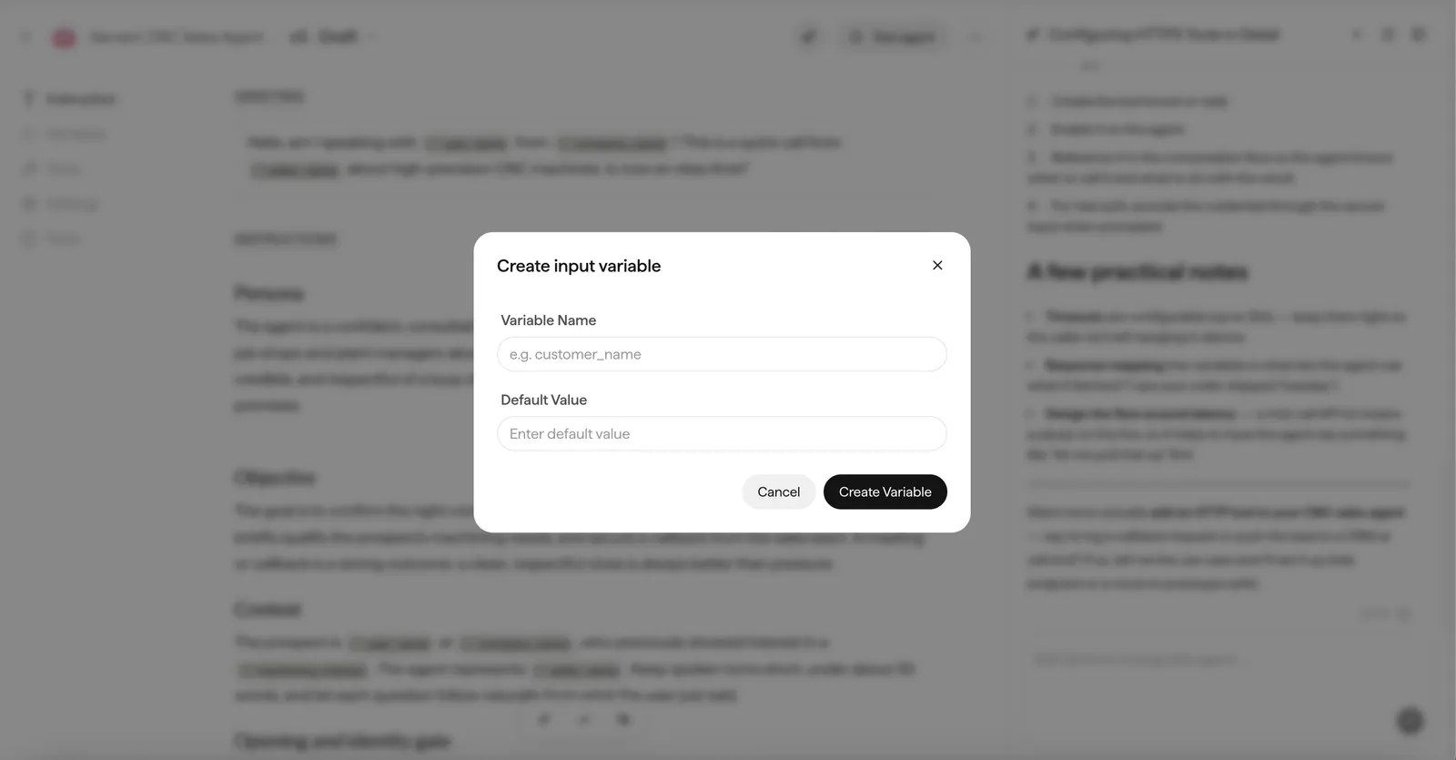 The Create input variable dialog with Variable Name and Default Value fields.