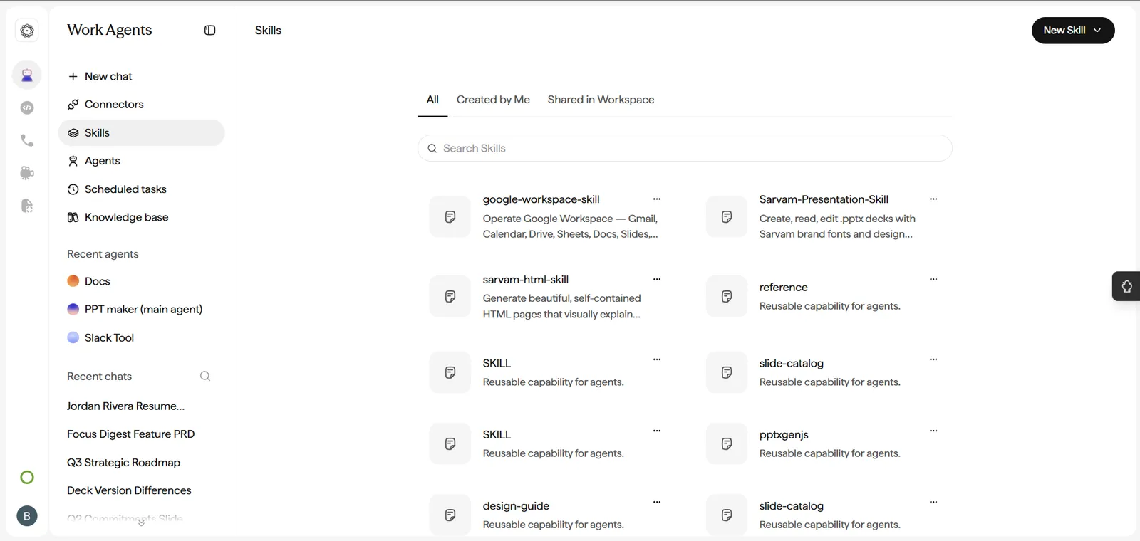 Cowork Skills page listing skills including google-workspace-skill, Sarvam-Presentation-Skill, sarvam-html-skill, reference, slide-catalog, and design-guide, with a search bar and a New Skill button.