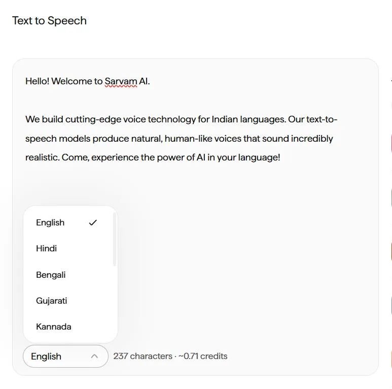 Language dropdown open beneath the Text to Speech input box, showing a scrollable list of languages (English checked, then Hindi, Bengali, Gujarati, Kannada, and more below), with the live character-and-credit count visible underneath.