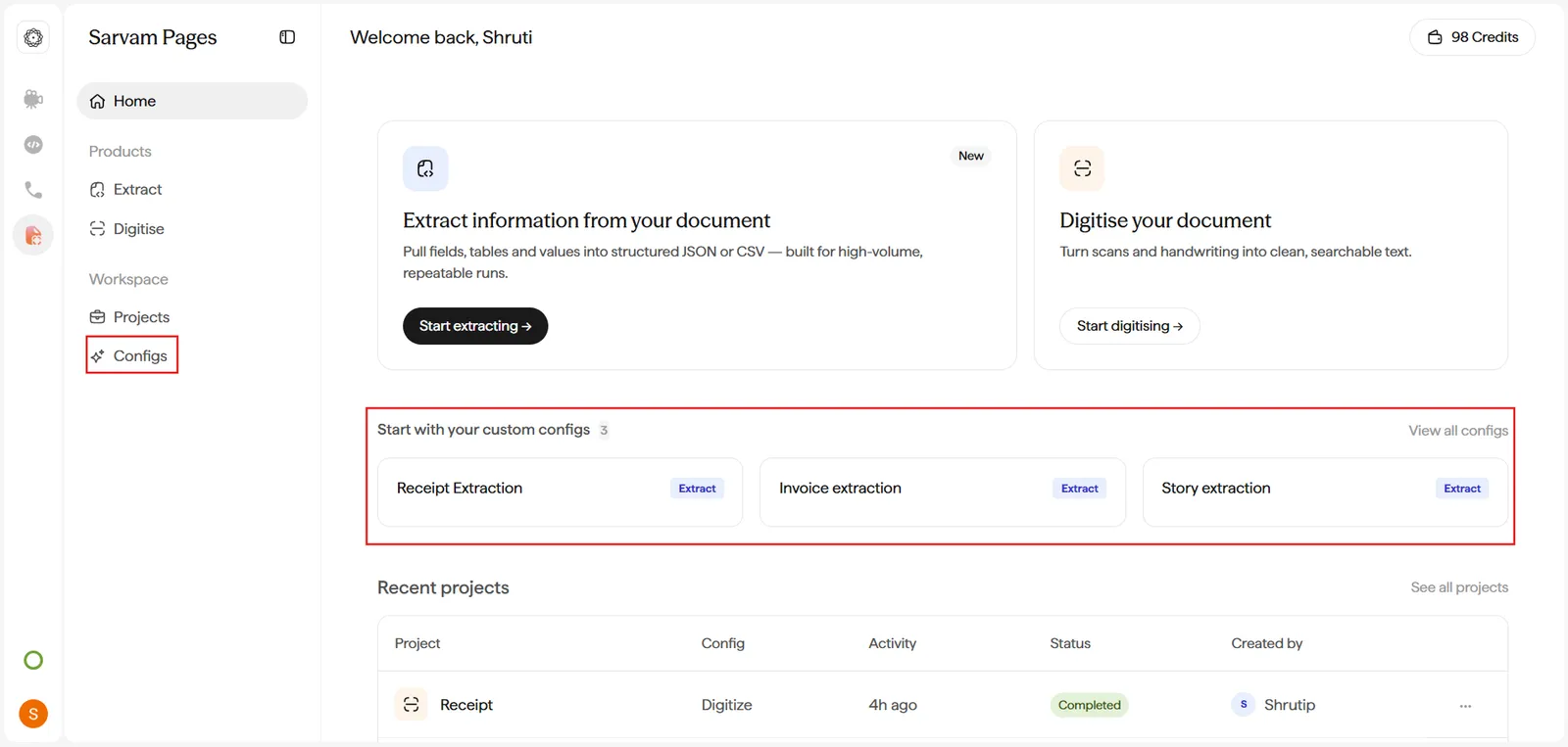 Home dashboard with Configs highlighted in the sidebar and a Start with your custom configs row showing saved Configs (Receipt Extraction, Invoice extraction, Story extraction).