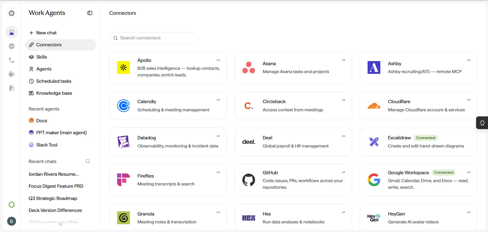 Cowork Connectors page showing a searchable gallery of connectors such as Apollo, Asana, Ashby, Calendly, Circleback, Cloudflare, Datadog, Deel, Excalidraw, Fireflies, GitHub, Google Workspace, and HeyGen, with Google Workspace and Excalidraw marked Connected.