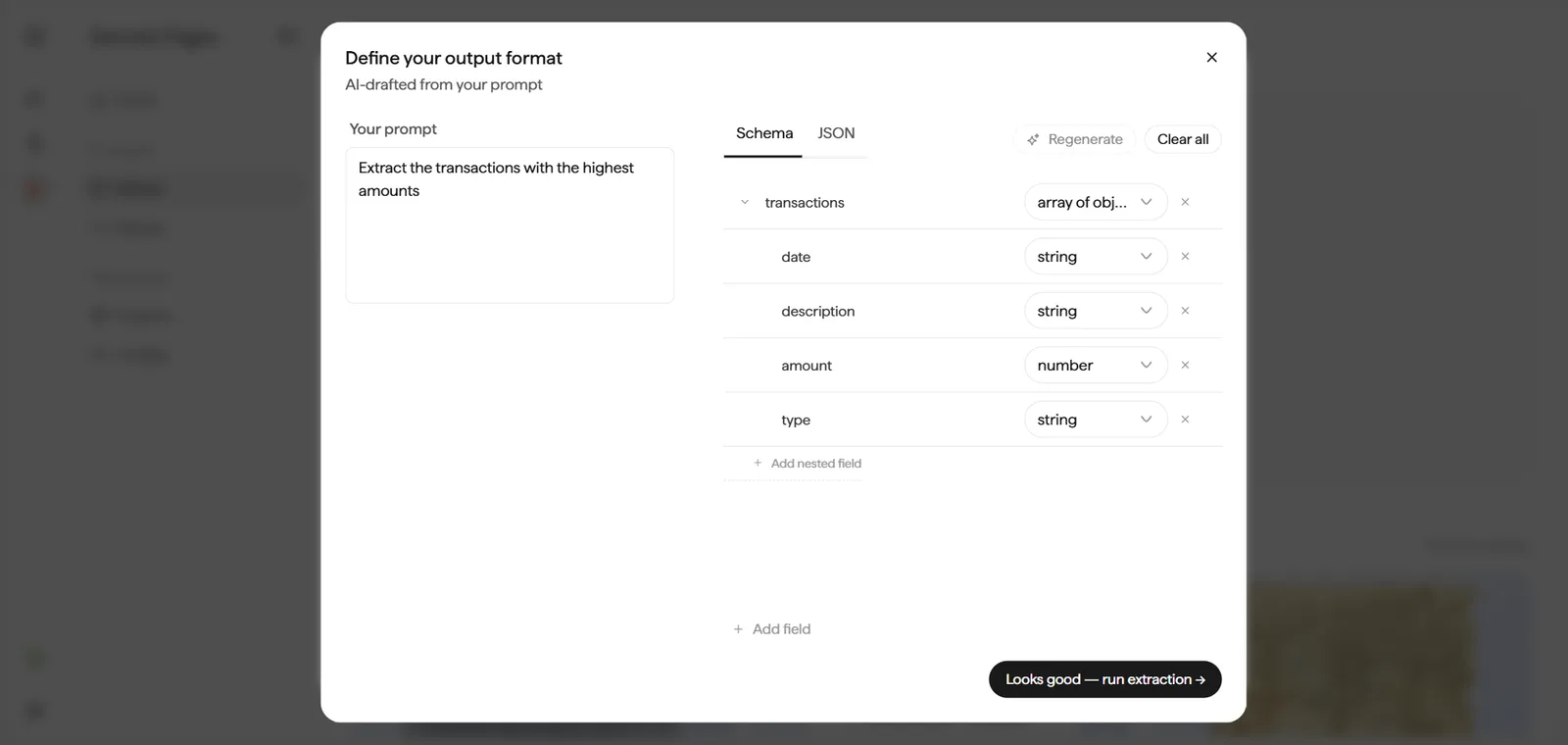 Define your output format dialog on the Schema tab, showing an AI-drafted schema with nested objects (report_metadata, key_features) and typed fields (string, array of objects).
