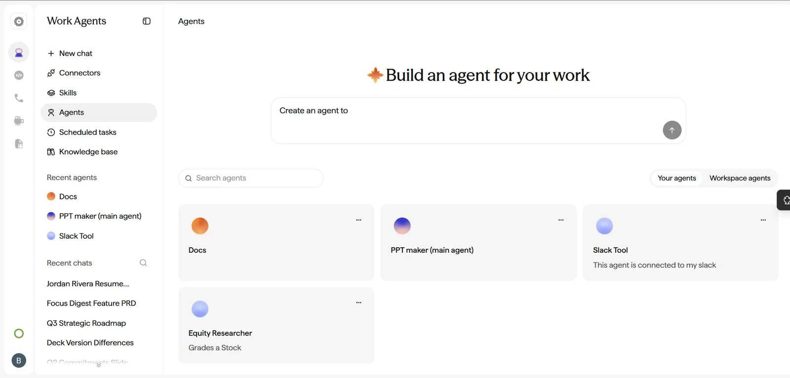 Cowork Agents page with a 'Build an agent for your work' prompt box and a grid of saved agents including Docs, PPT maker, Slack Tool, and Equity Researcher.