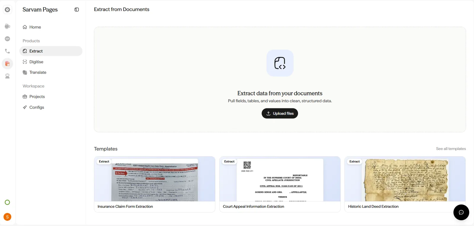 Extract from Documents page with an Upload files button and a row of Extract templates including Insurance Claim Form Extraction, Court Appeal Information Extraction, and Historic Land Deed Extraction.