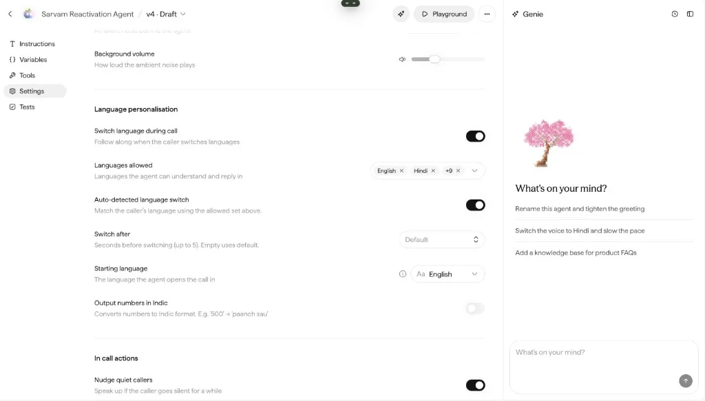 Agent Settings showing Language personalisation with Switch language during call on, English and Hindi selected, and Starting language set to English.