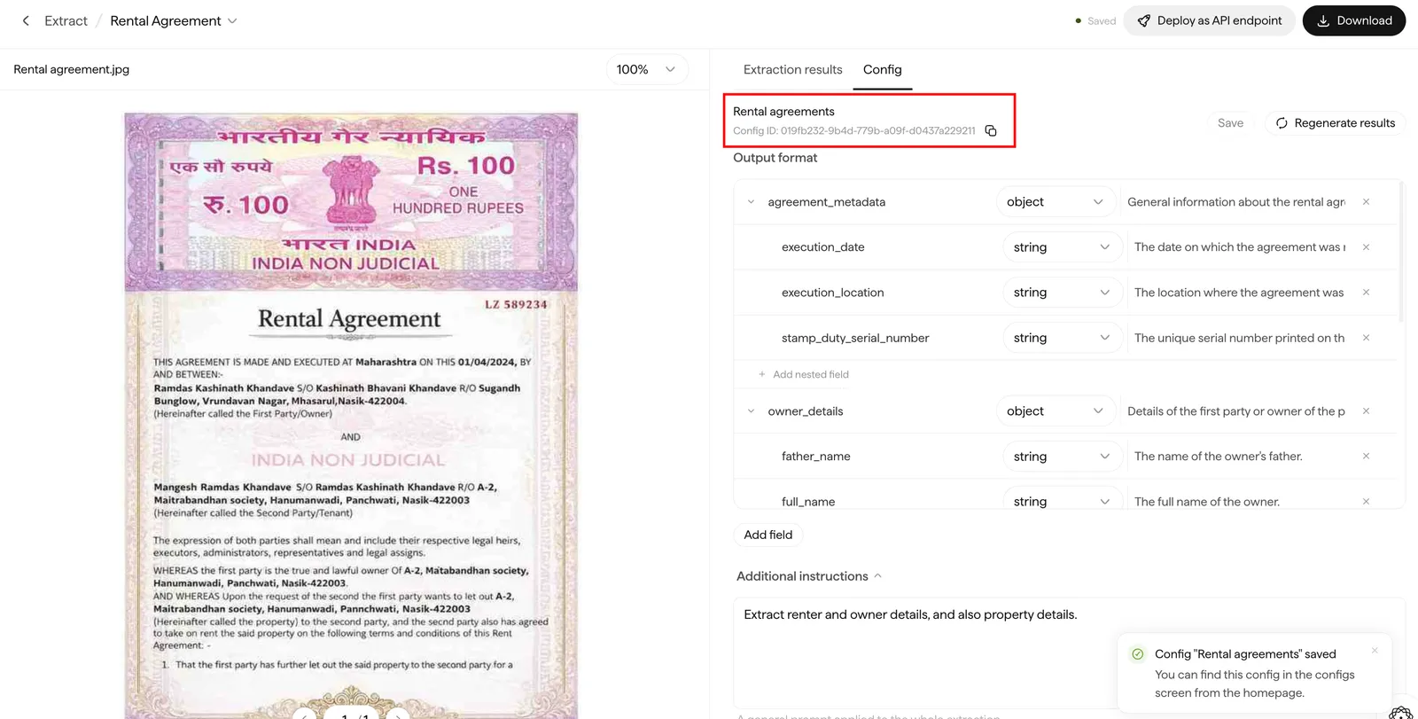 Saved Config in Doc Agents showing the config_id UUID with a copy button.