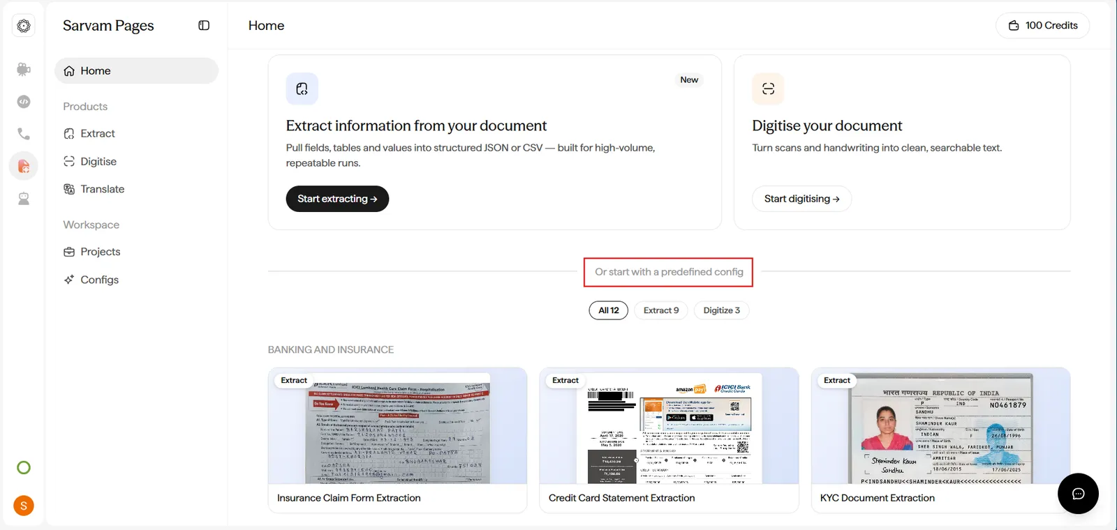 Home page showing Or start with a predefined config with All 12, Extract 9, and Digitise 3 filter pills, and template cards for Insurance Claim Form Extraction, Credit Card Statement Extraction, and KYC Document Extraction.