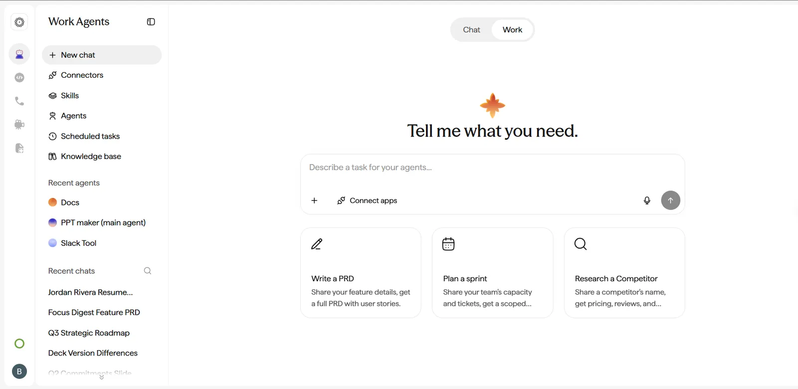Cowork Home dashboard with a central prompt bar and a sidebar with Connectors, Skills, Agents, Scheduled Tasks, and Knowledge Bases.