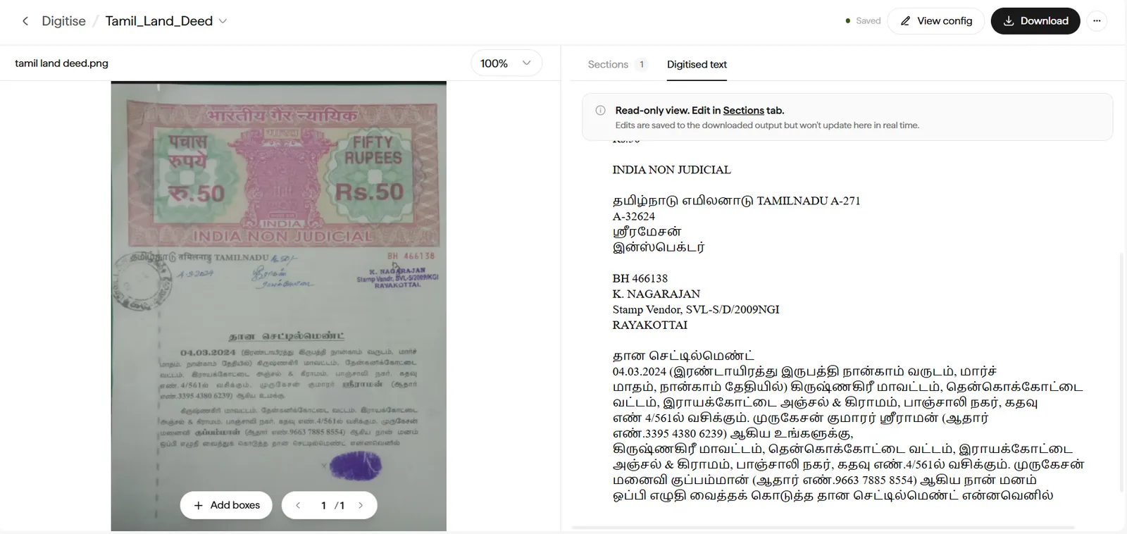 Digitise editor with a Tamil land deed on the left and the digitised Tamil text on the right, preserving the document's structure.