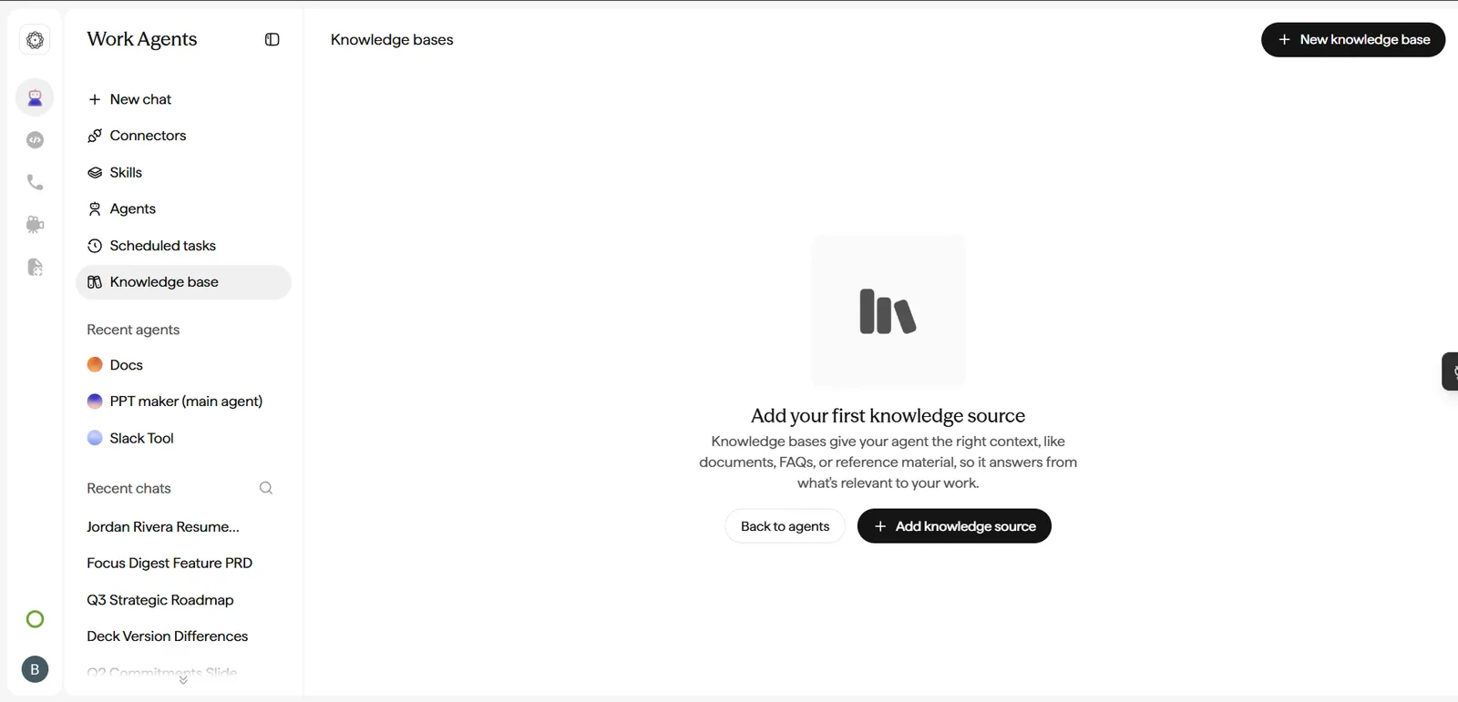 Cowork Knowledge bases empty state reading 'Add your first knowledge source', with 'Add knowledge source' and 'New knowledge base' options.