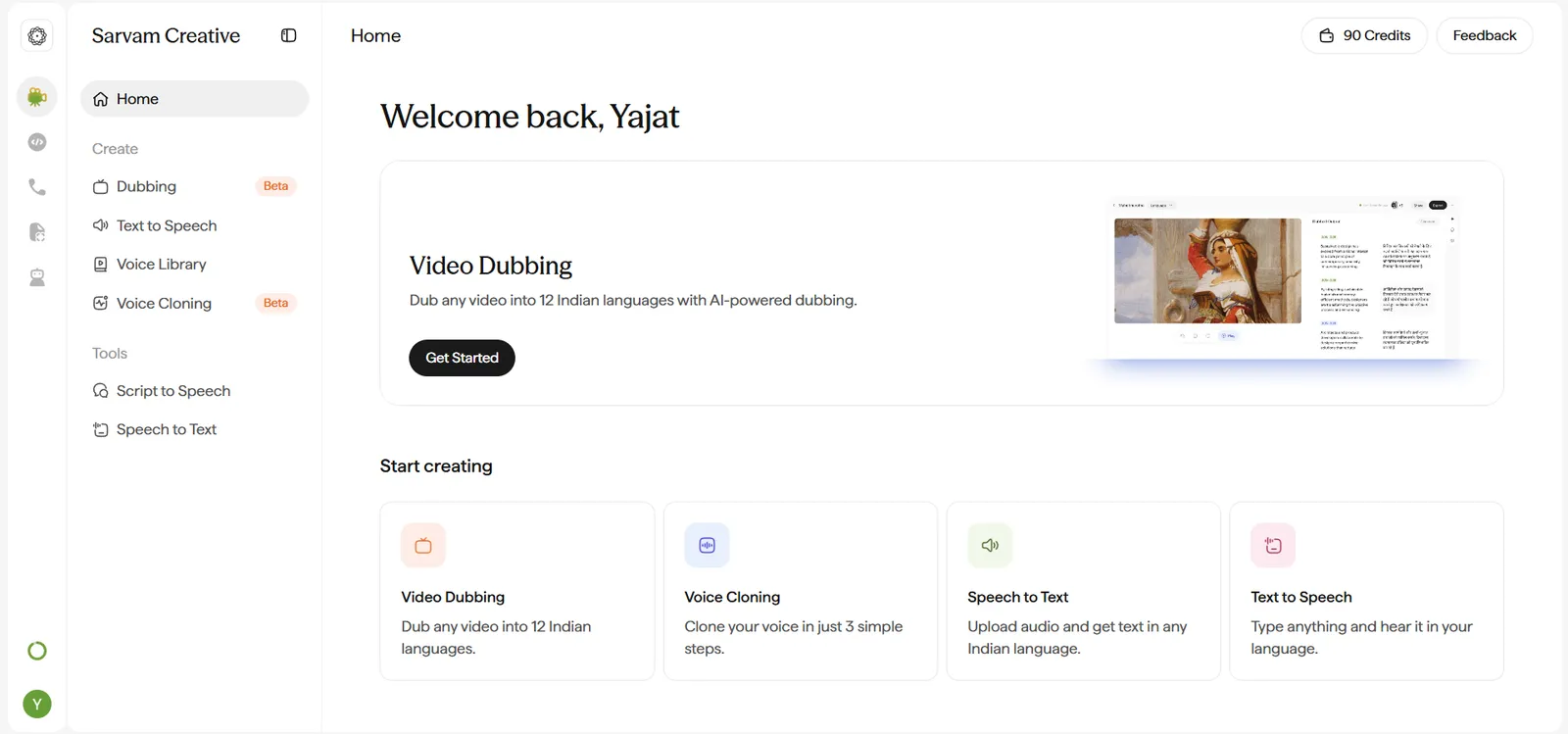 Content Studio dashboard home screen, showing a Video Dubbing highlight and a Start creating grid with Video Dubbing, Voice Cloning, Speech to Text, and Text to Speech cards.