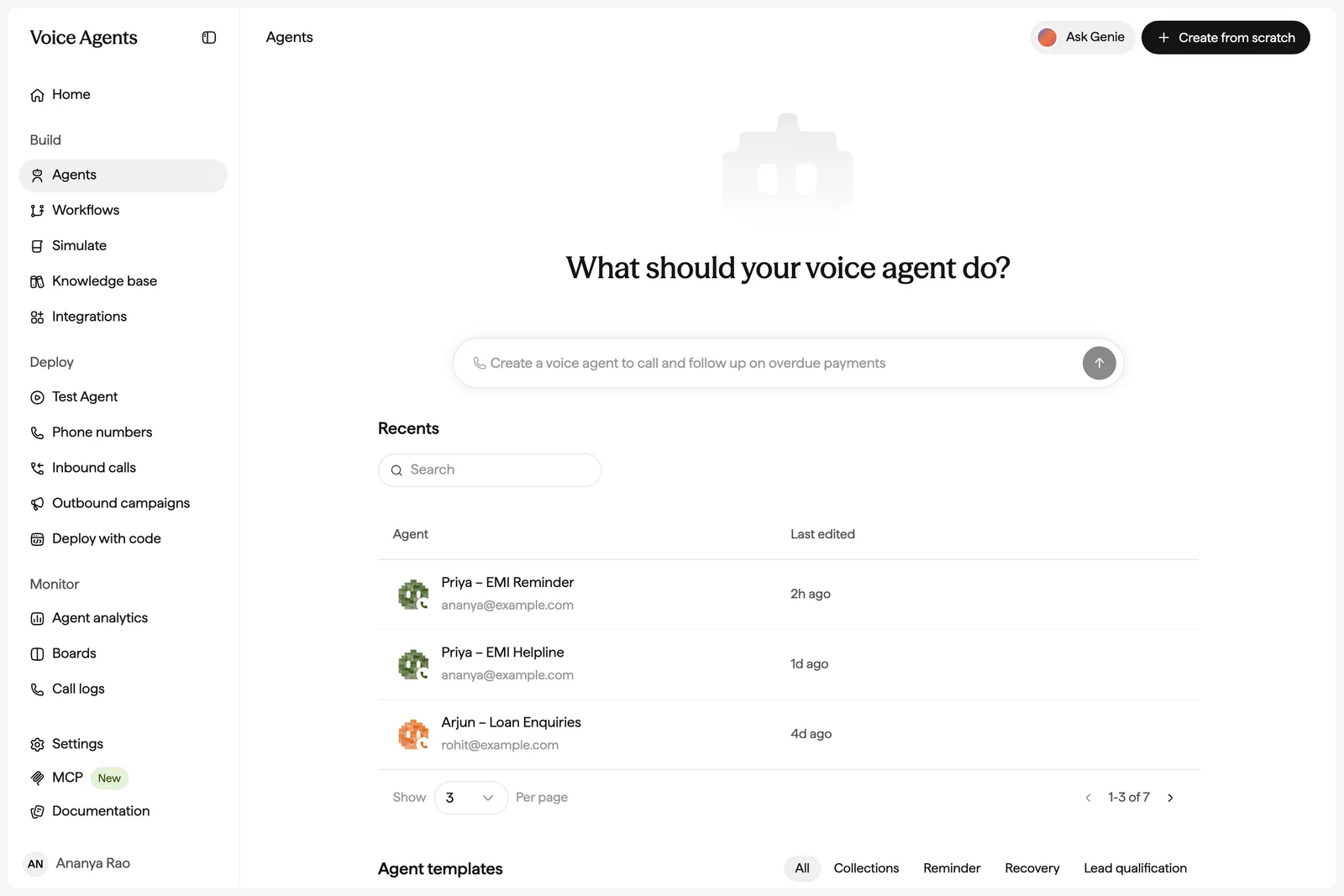 The Agents page with the Ask Genie button in the header, the prompt "What should your voice agent do?", and Create from scratch.