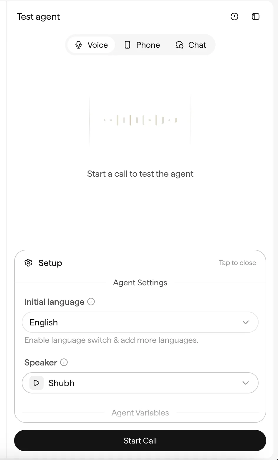 The test agent panel with Voice, Phone, and Chat tabs, the Setup row, and the Start Call button.