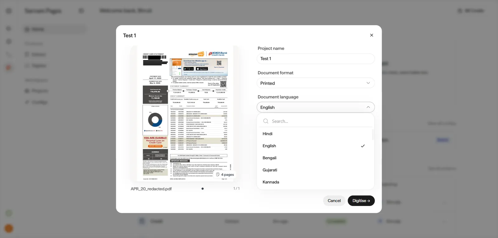 Digitise New Project dialog with the Document language dropdown open, showing Hindi, English (selected), Bengali, Gujarati, and Kannada, plus a search field. Document format is set to Printed.